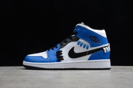 Women's | Air Jordan 1 Mid Quil Ted Game Royal White Blue Black Basketball Shoes