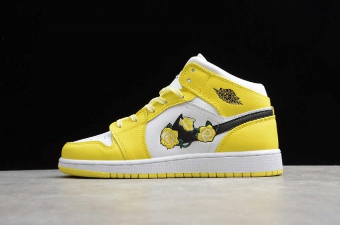 Women's | Air Jordan 1 Mid SE GS White Yellow Embroidery Rose Basketball Shoes