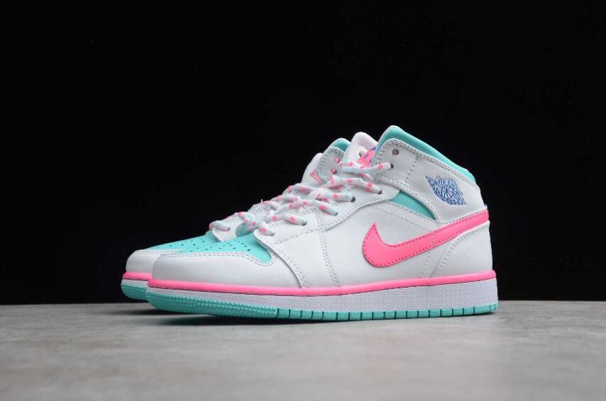 Women's | Air Jordan 1 Mid SE GS White Digital Pink Aurora Green Soar Basketball Shoes