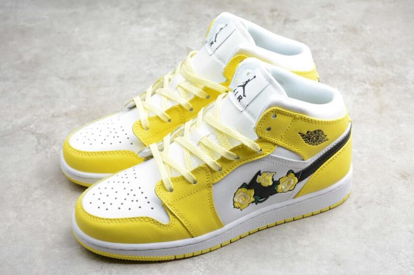 Women's | Air Jordan 1 Mid SE GS White Yellow Embroidery Rose Basketball Shoes
