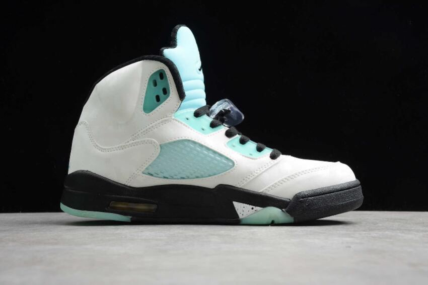 Women's | Air Jordan 5 Retro SNGL DY White Black Sland Green Basketball Shoes