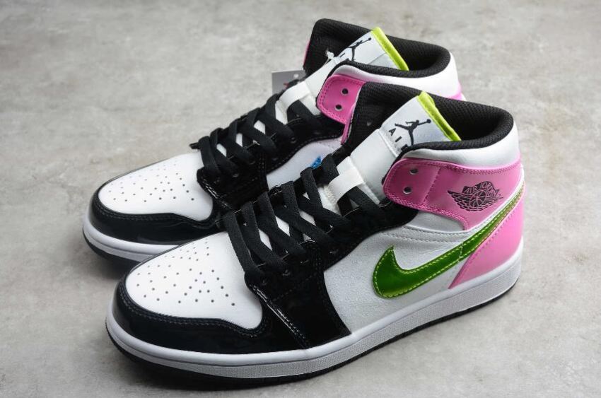 Women's | Air Jordan 1 Mid SE White Pink Black Green Basketball Shoes